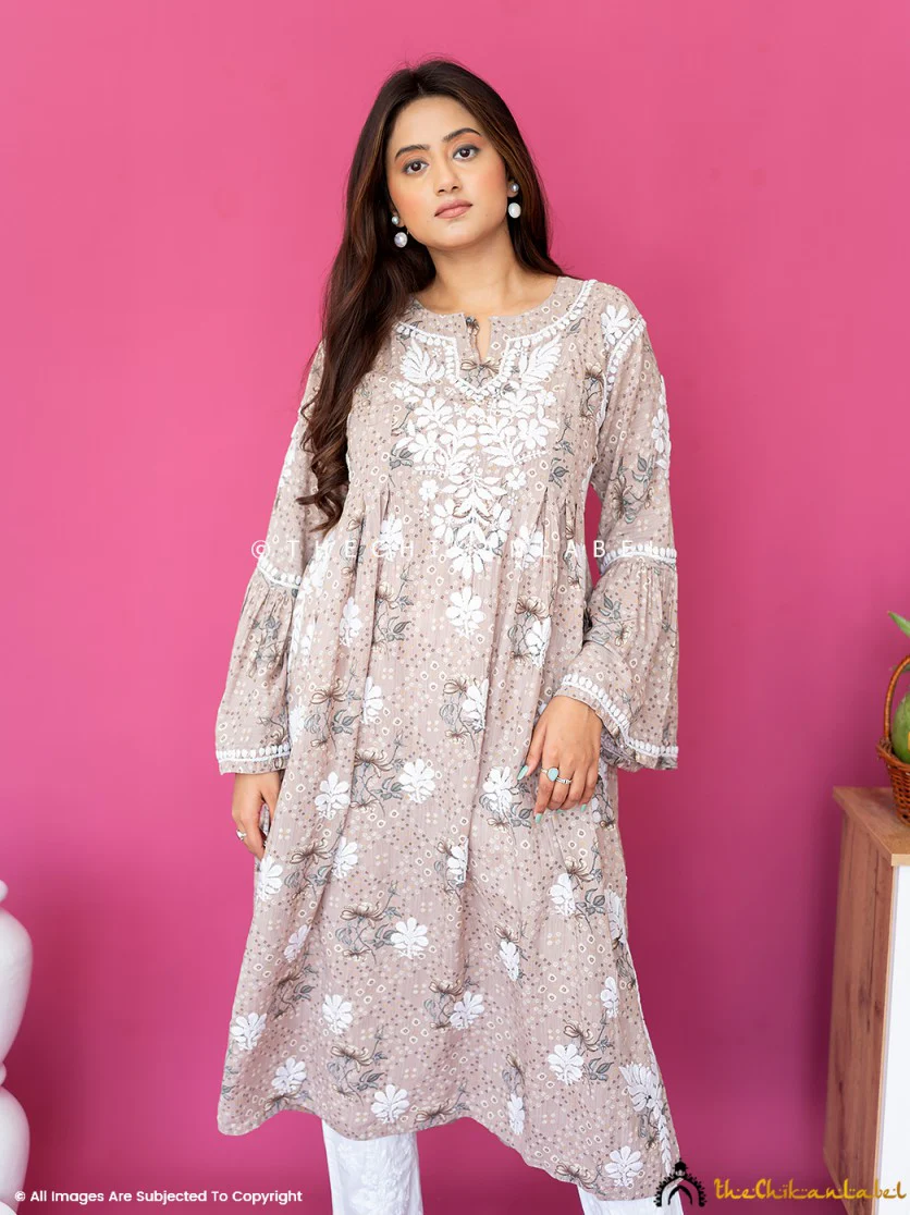 Zoha Mulmul Cotton Chikankari A-Line Kurti - Beige - Image 10