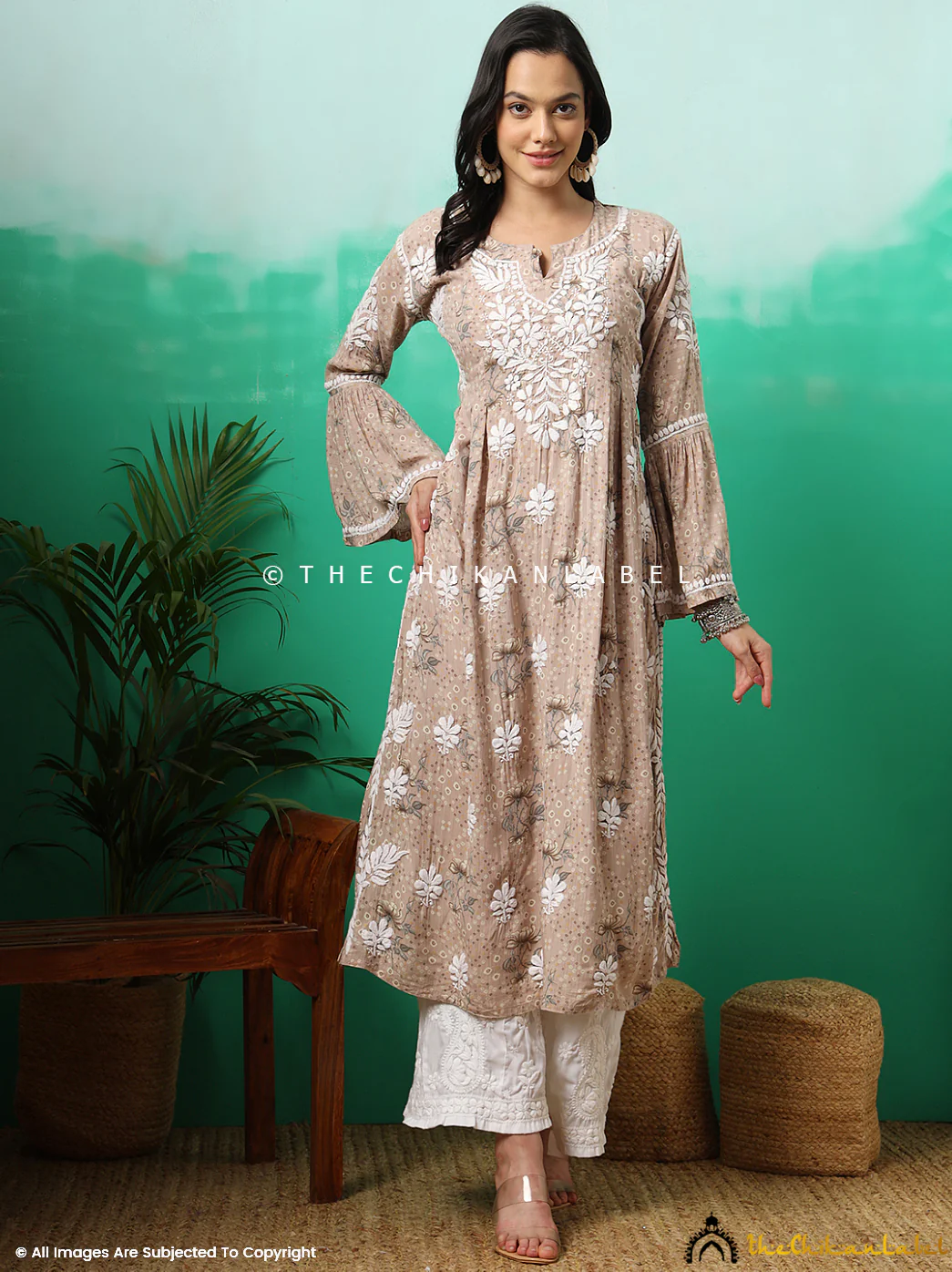 Zoha Mulmul Cotton Chikankari A-Line Kurti - Beige - Image 11