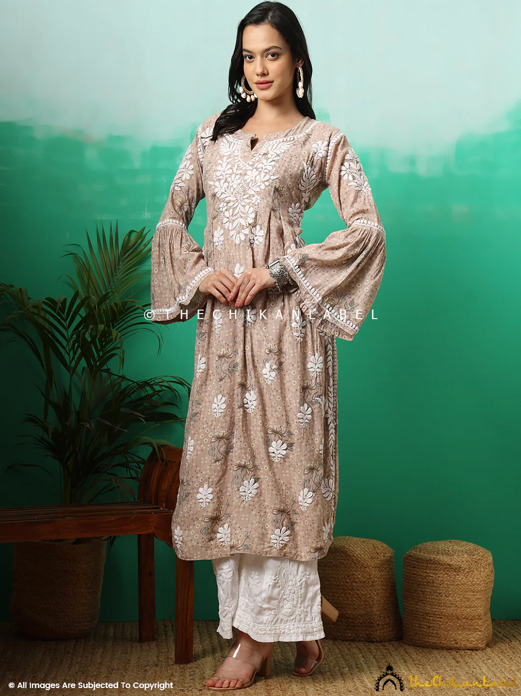 Zoha Mulmul Cotton Chikankari A-Line Kurti - Beige - Image 12