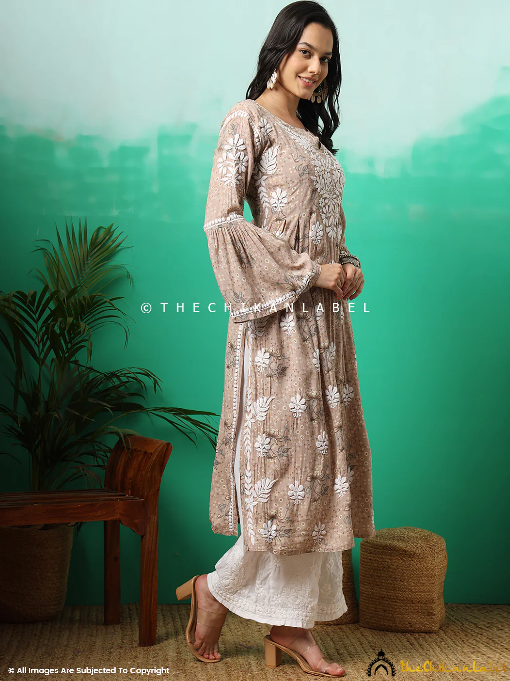 Zoha Mulmul Cotton Chikankari A-Line Kurti - Beige - Image 13