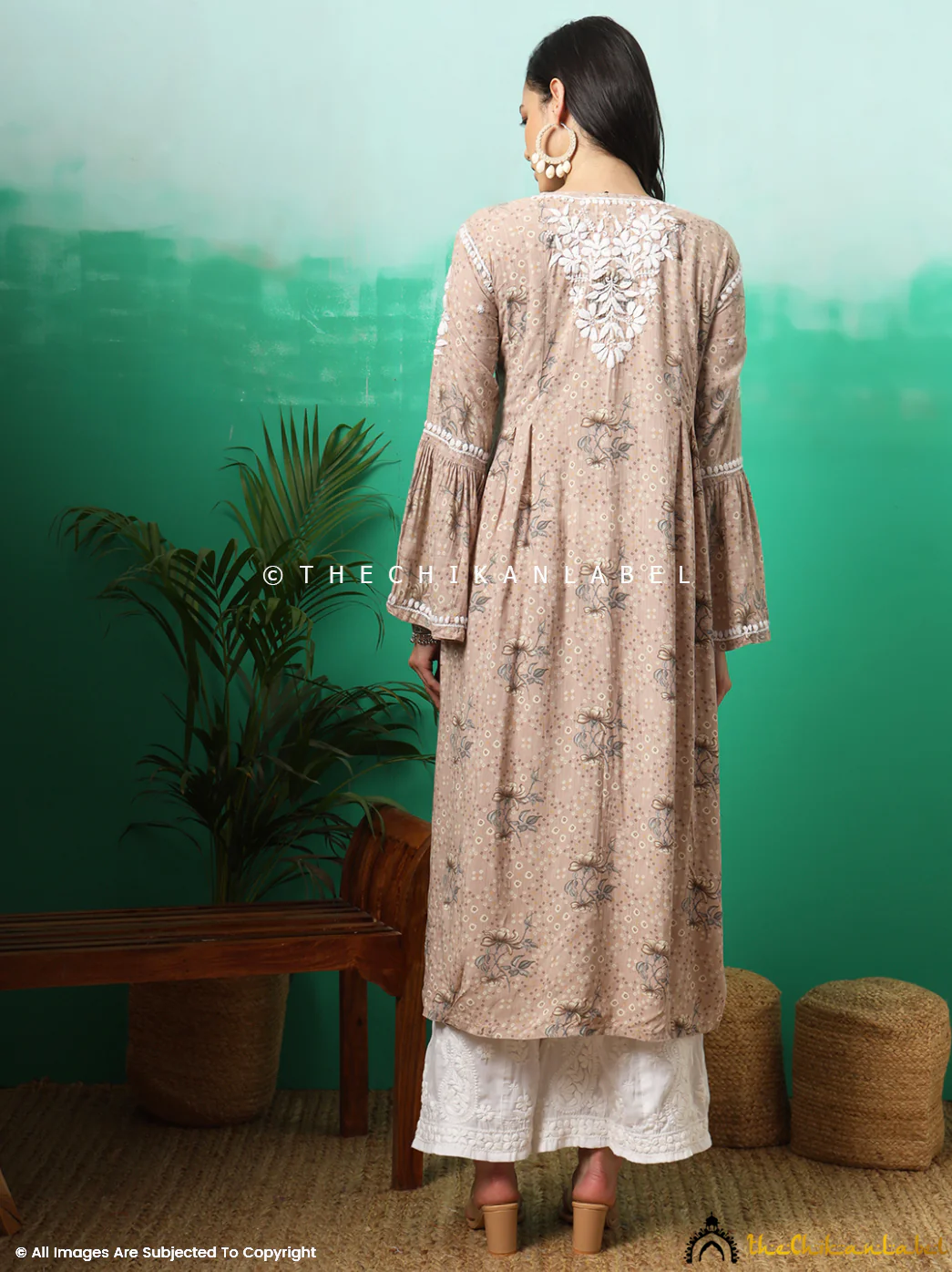 Zoha Mulmul Cotton Chikankari A-Line Kurti - Beige - Image 3