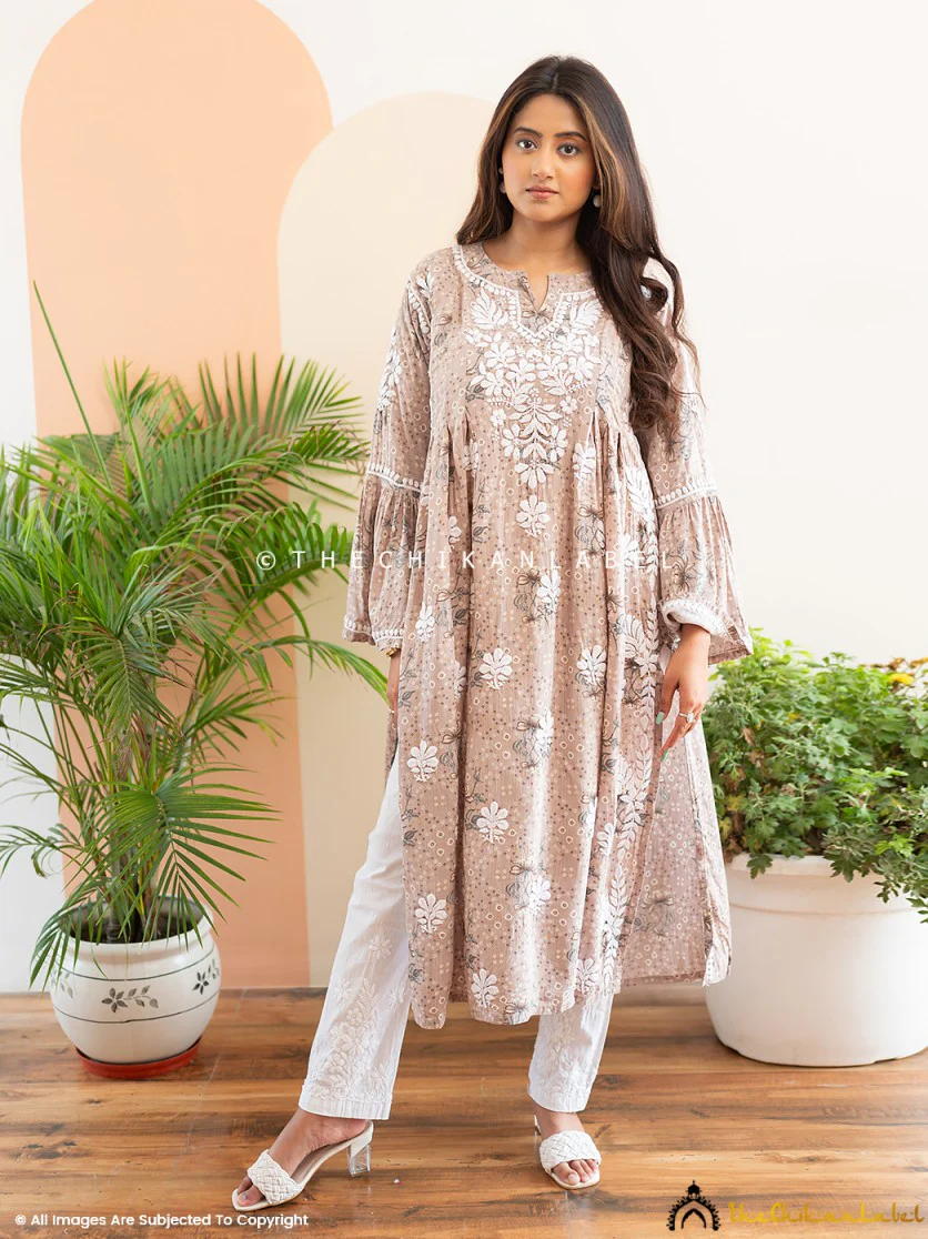 Zoha Mulmul Cotton Chikankari A-Line Kurti - Beige - Image 4