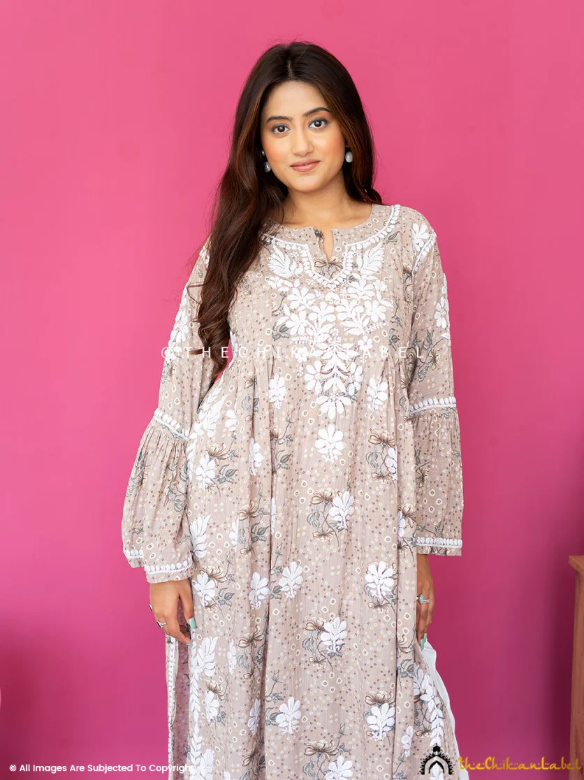 Zoha Mulmul Cotton Chikankari A-Line Kurti - Beige - Image 5