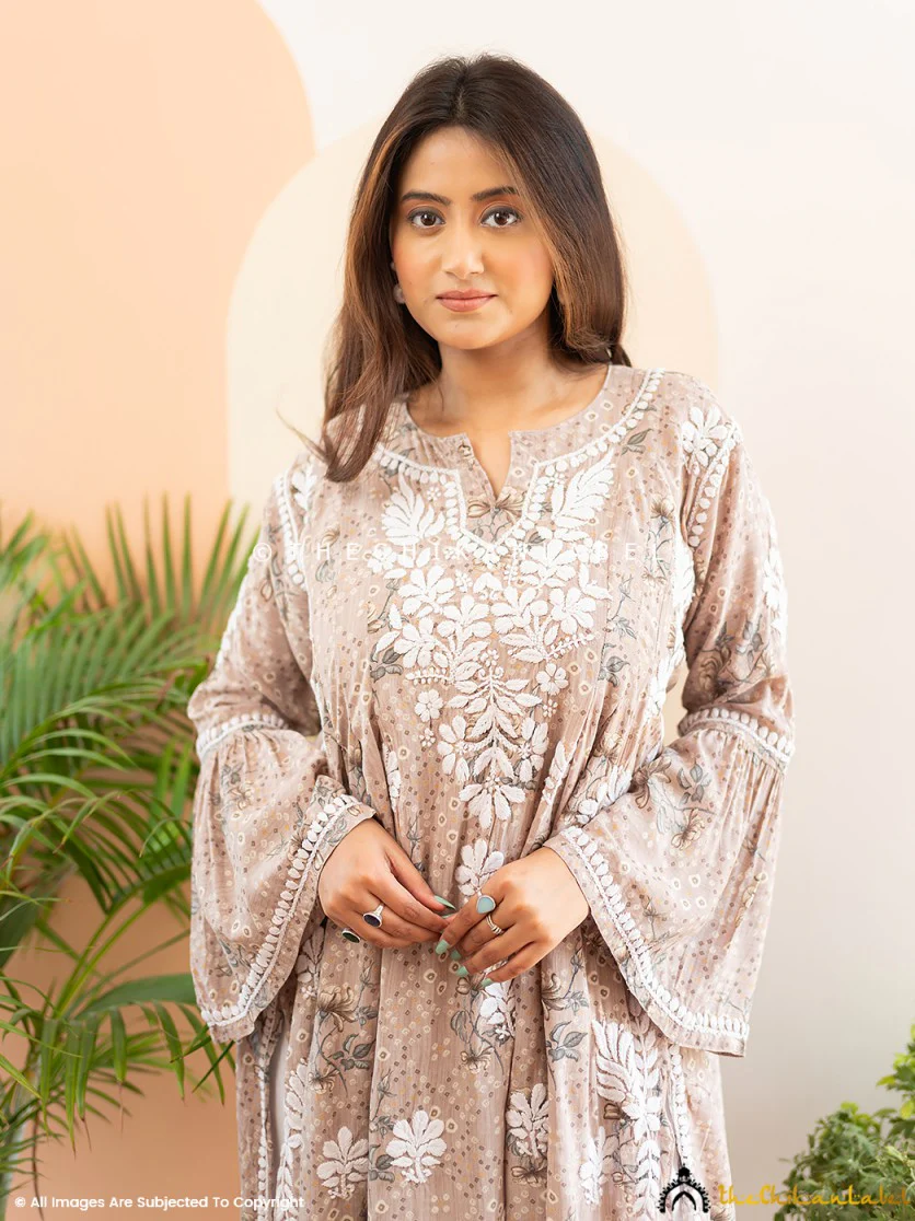 Zoha Mulmul Cotton Chikankari A-Line Kurti - Beige - Image 6