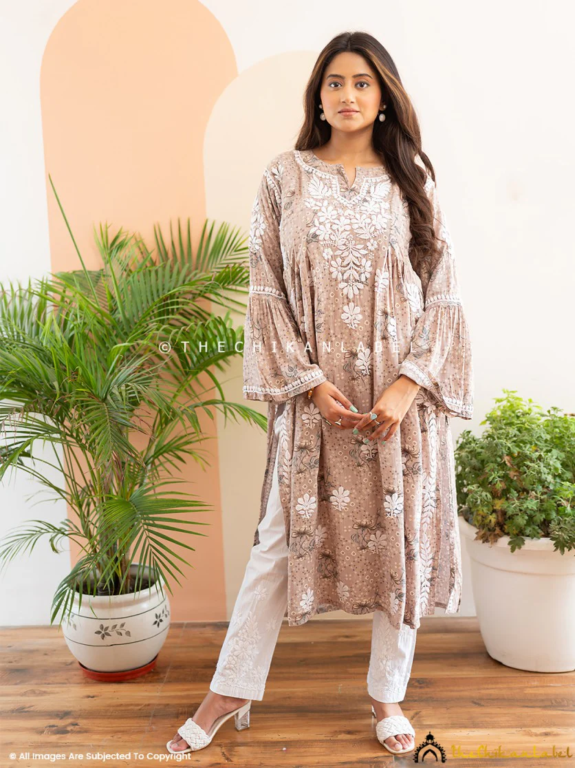 Zoha Mulmul Cotton Chikankari A-Line Kurti - Beige - Image 7