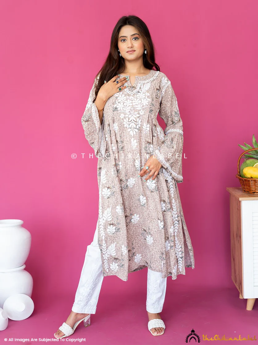 Zoha Mulmul Cotton Chikankari A-Line Kurti - Beige - Image 9