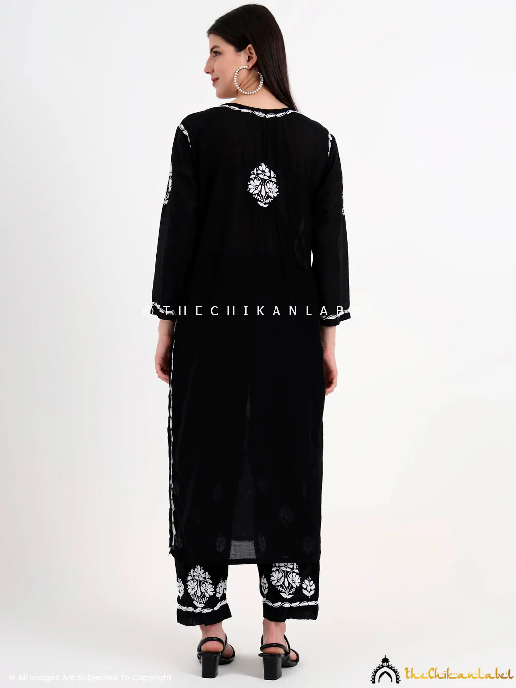 Aasia Chanderi Chikankari Kurti Palazzo Set - Black - Image 3
