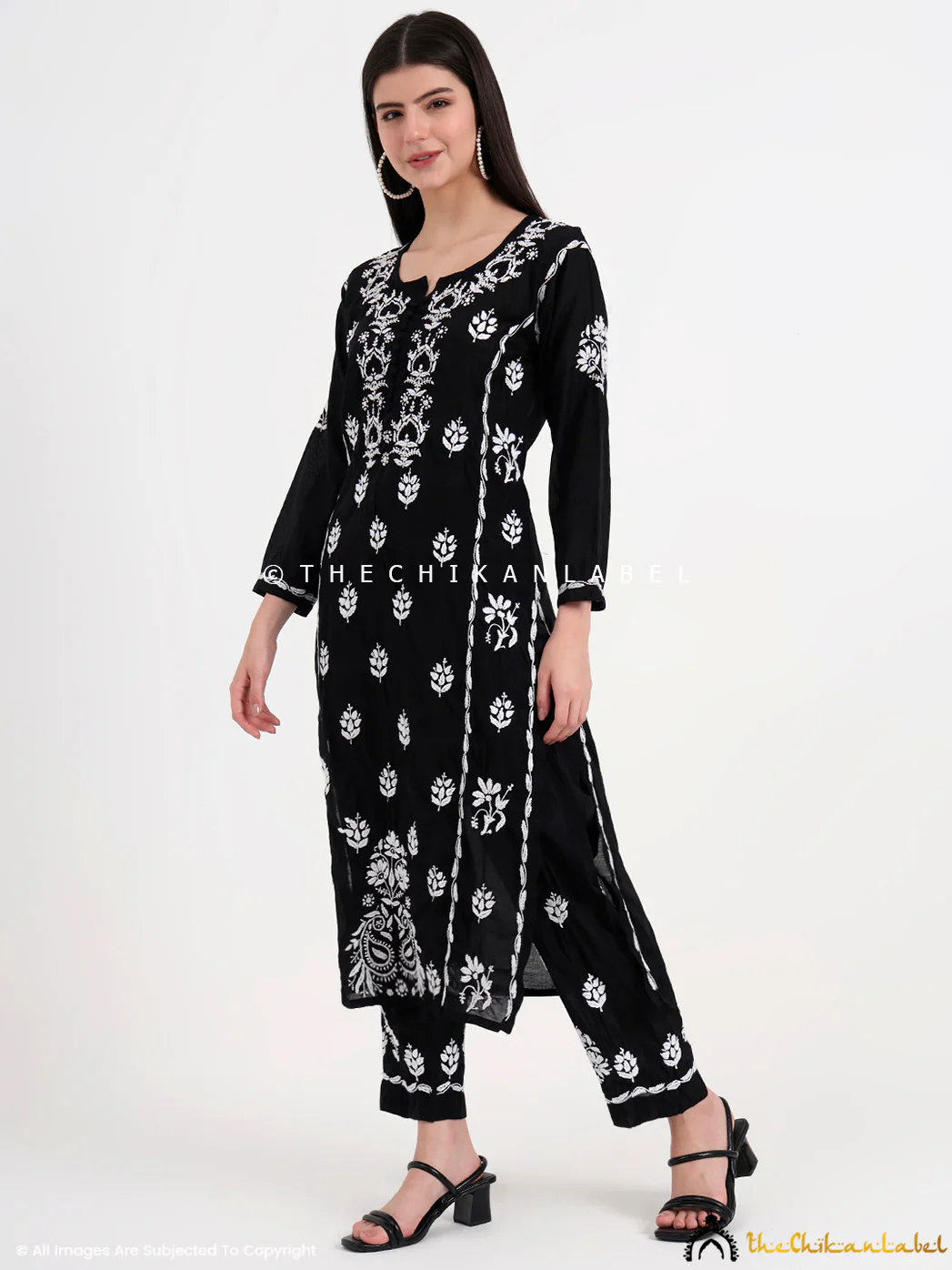 Aasia Chanderi Chikankari Kurti Palazzo Set - Black - Image 4