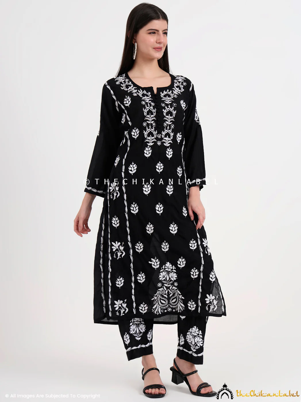 Aasia Chanderi Chikankari Kurti Palazzo Set - Black - Image 5