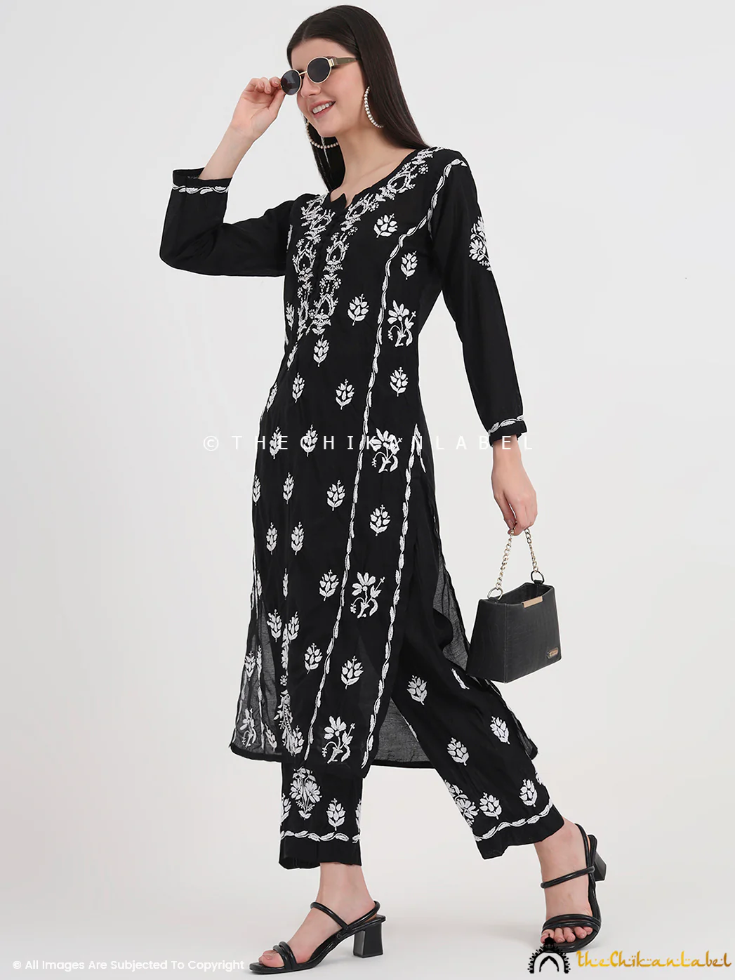 Aasia Chanderi Chikankari Kurti Palazzo Set - Black - Image 6
