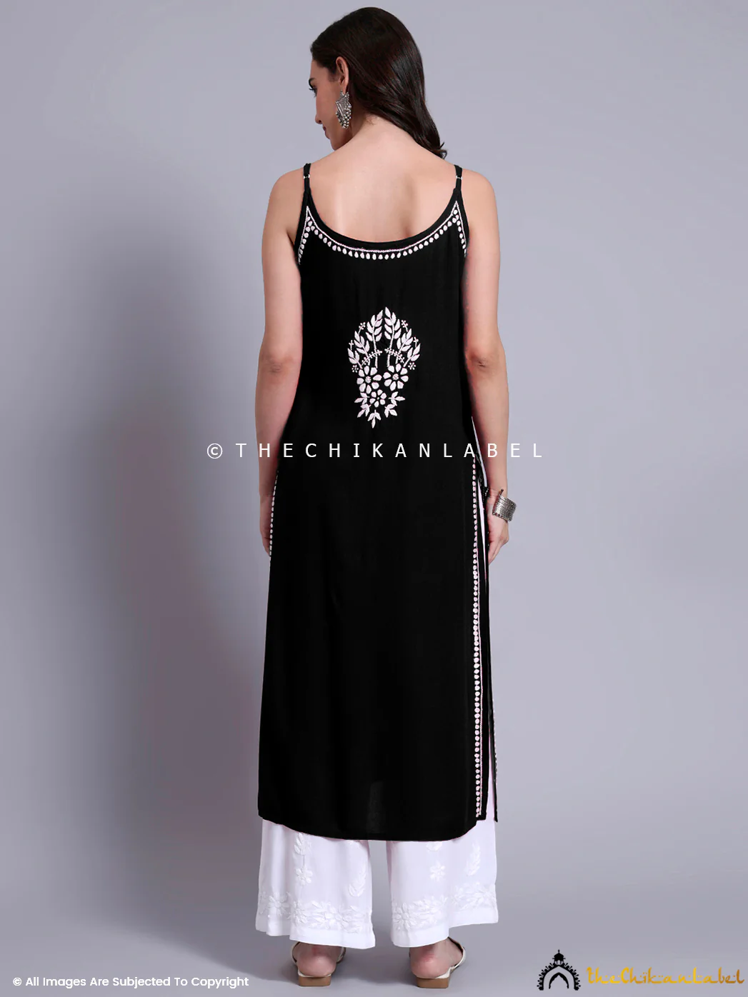 Aliza Modal Chikankari Strappy Long Kurta - Black - Image 3