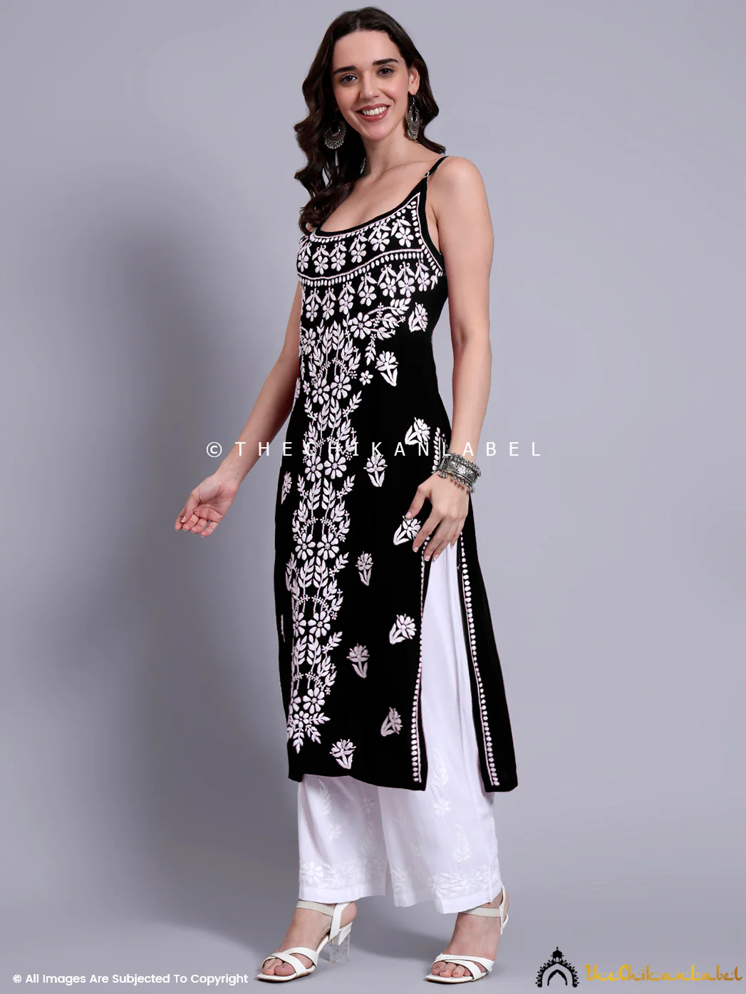 Aliza Modal Chikankari Strappy Long Kurta - Black - Image 4