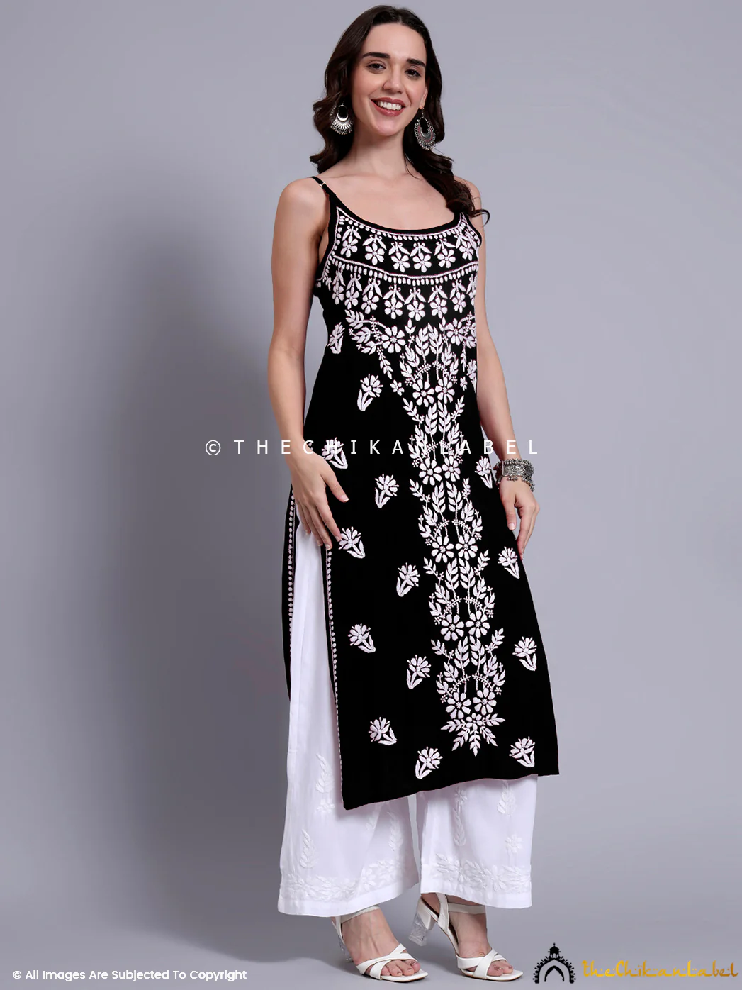 Aliza Modal Chikankari Strappy Long Kurta - Black - Image 5