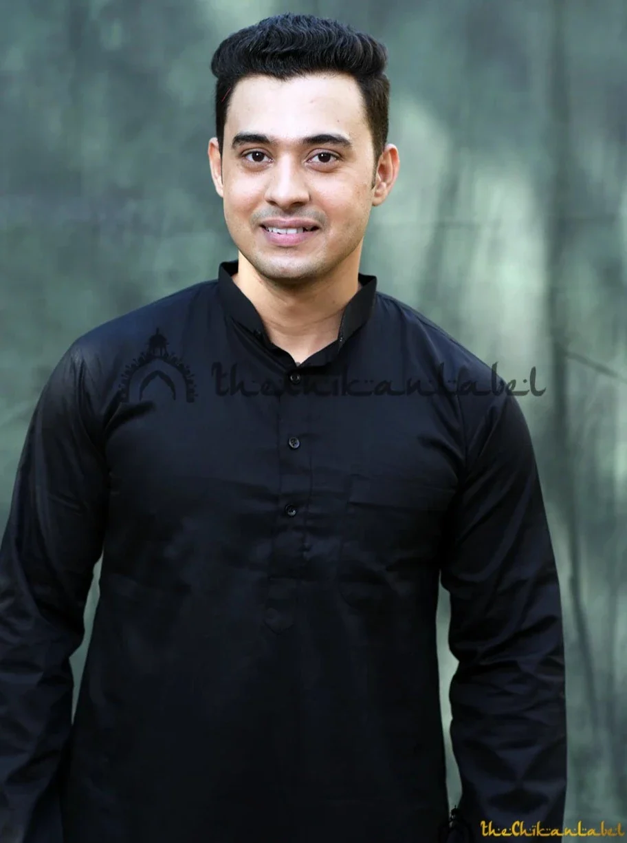Black Cotton Mens Kurta Lucknawi Chikankari Handmade - Image 3