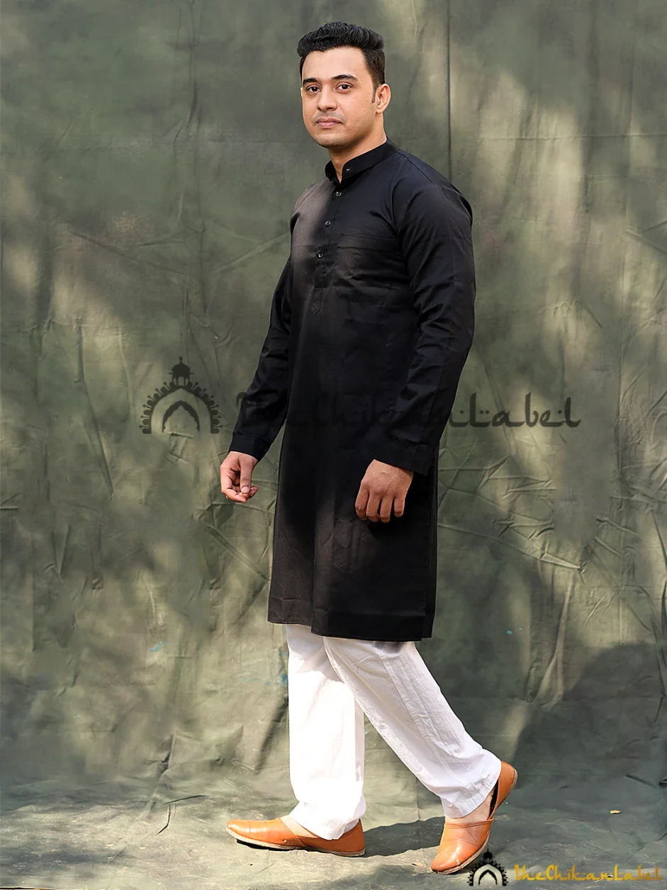 Black Cotton Mens Kurta Lucknawi Chikankari Handmade - Image 4