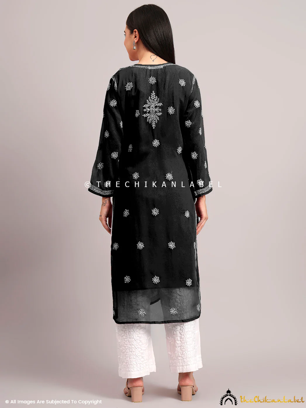 Darshana Georgette Chikankari Straight Kurti with Inner - Black - Image 3