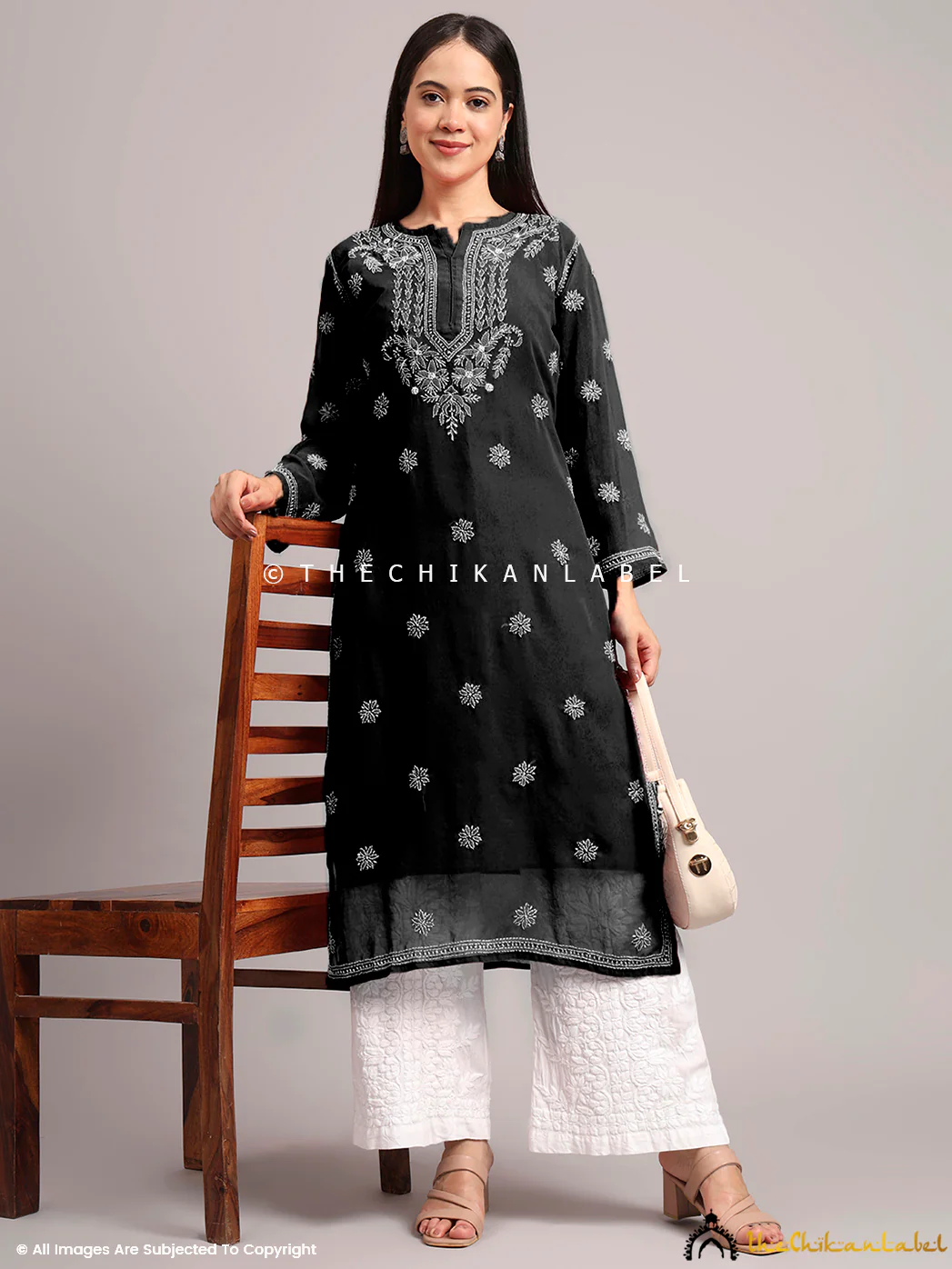 Darshana Georgette Chikankari Straight Kurti with Inner - Black - Image 4