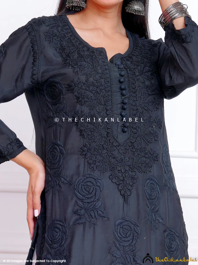 Black Gulaab Muslin Chikankari Straight Kurti - Image 2