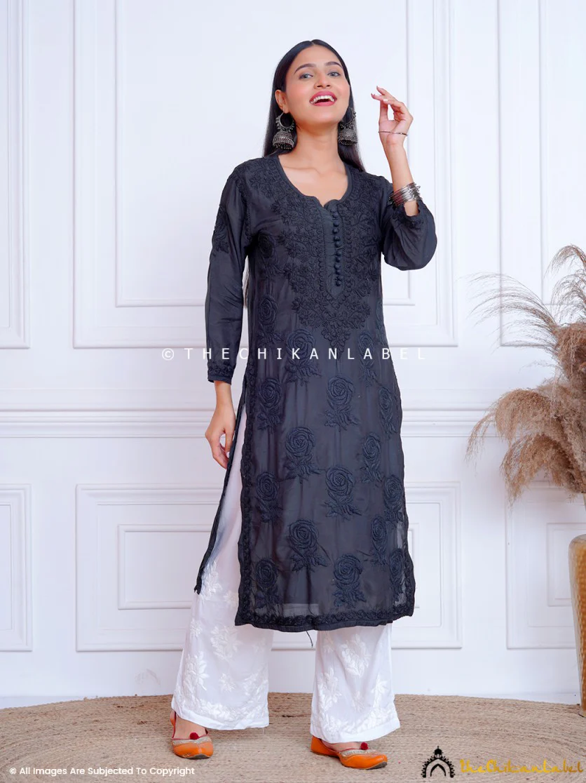 Black Gulaab Muslin Chikankari Straight Kurti - Image 3