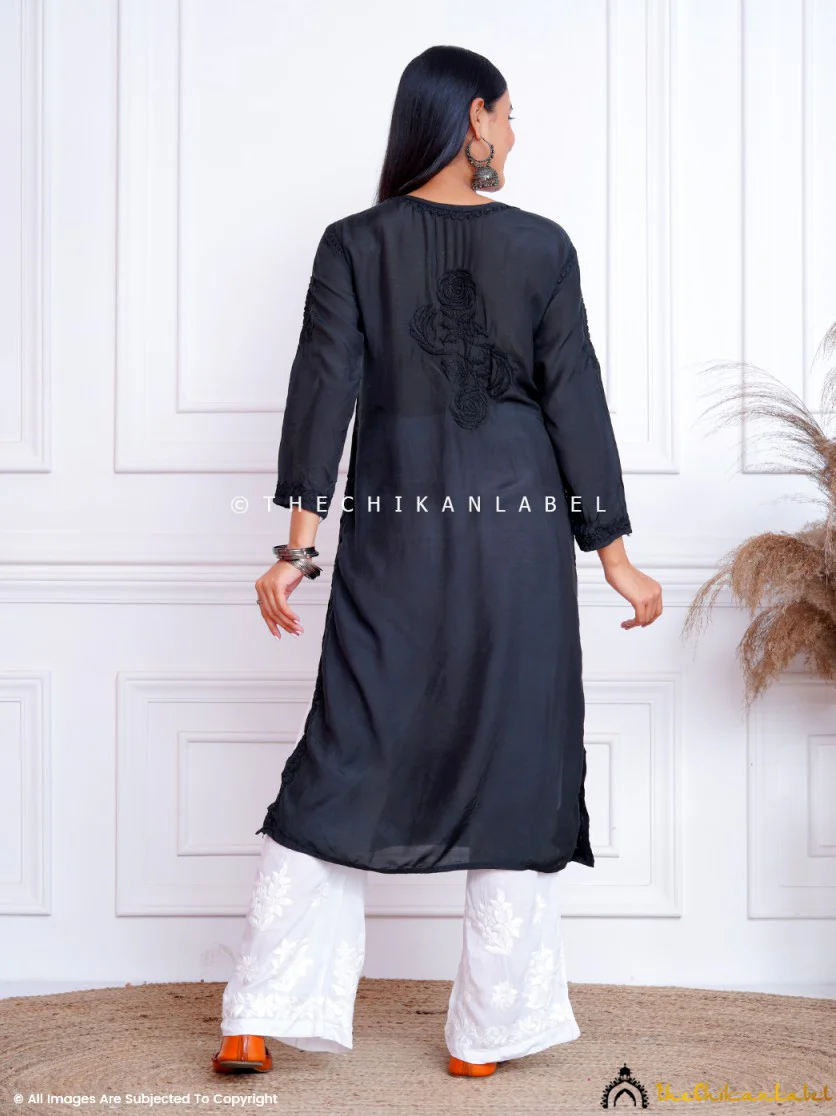 Black Gulaab Muslin Chikankari Straight Kurti - Image 4