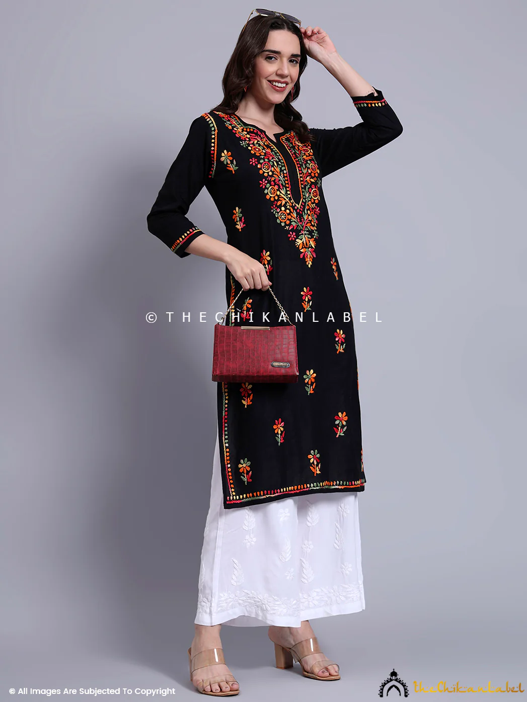 Haisha Cotton Chikankari Straight Kurti - Black - Image 6