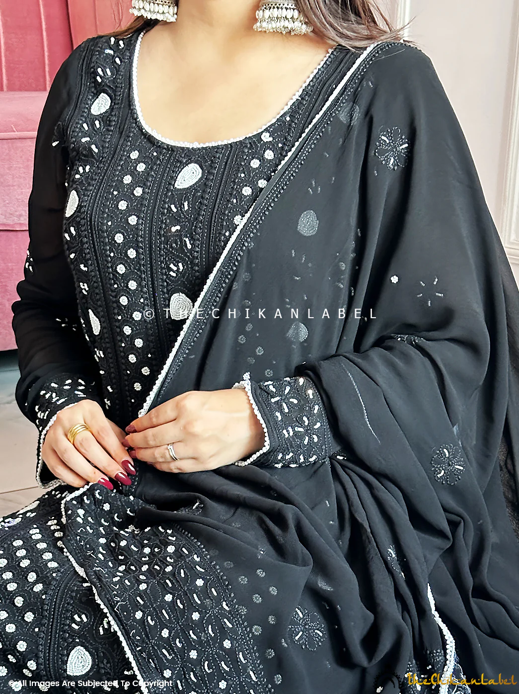 Black Ihina Pearl Work Viscose Chikankari Anarkali - Image 2