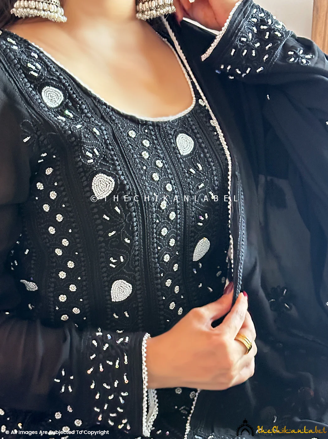 Black Ihina Pearl Work Viscose Chikankari Anarkali - Image 3