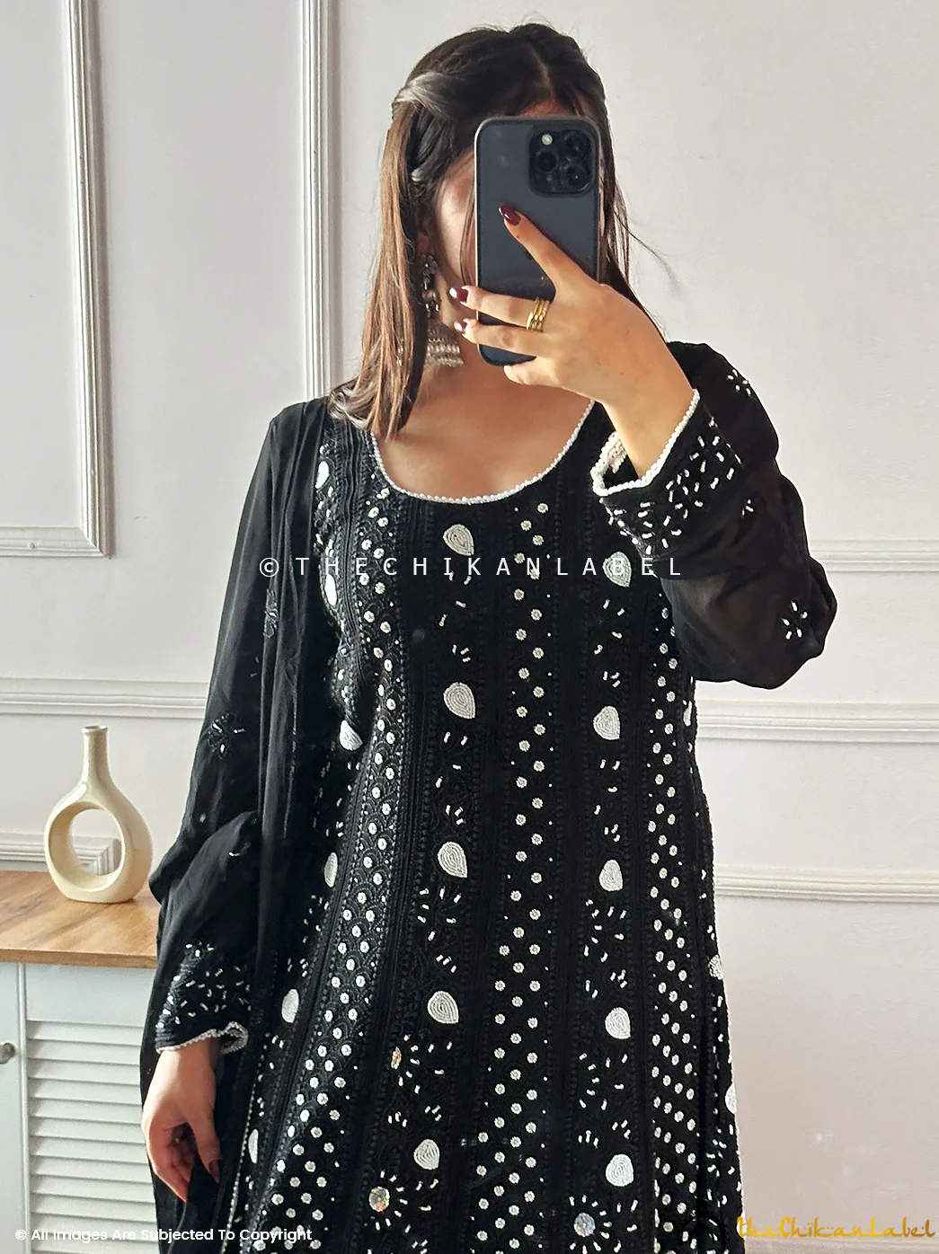 Black Ihina Pearl Work Viscose Chikankari Anarkali - Image 4