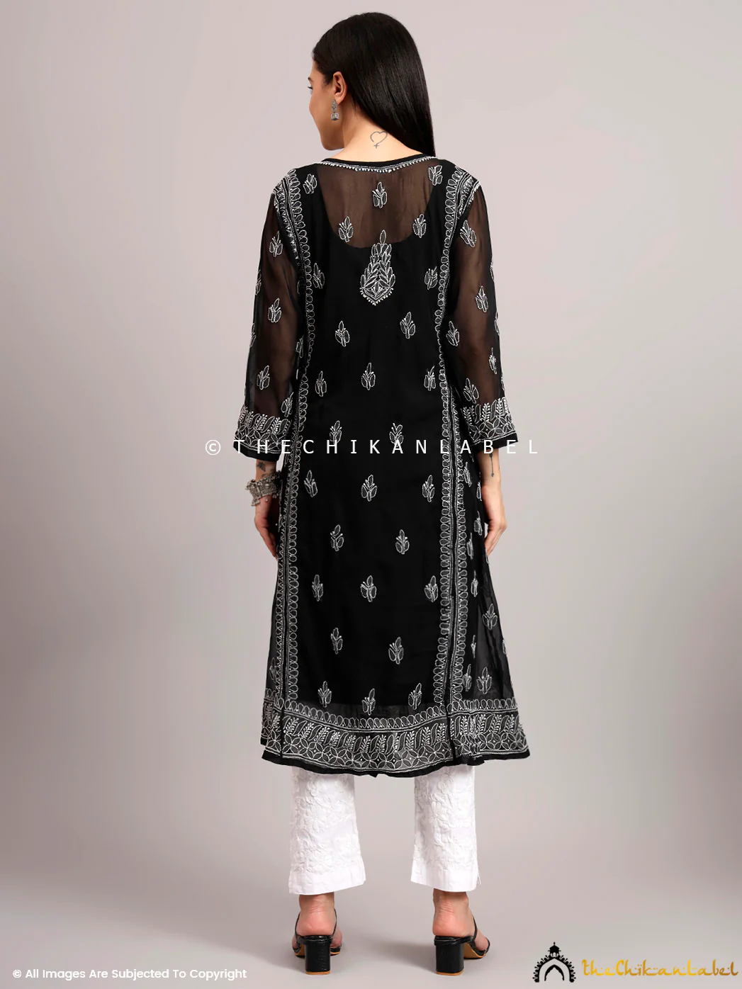 Jaanvi Georgette Chikankari Angrakha - Black - Image 3