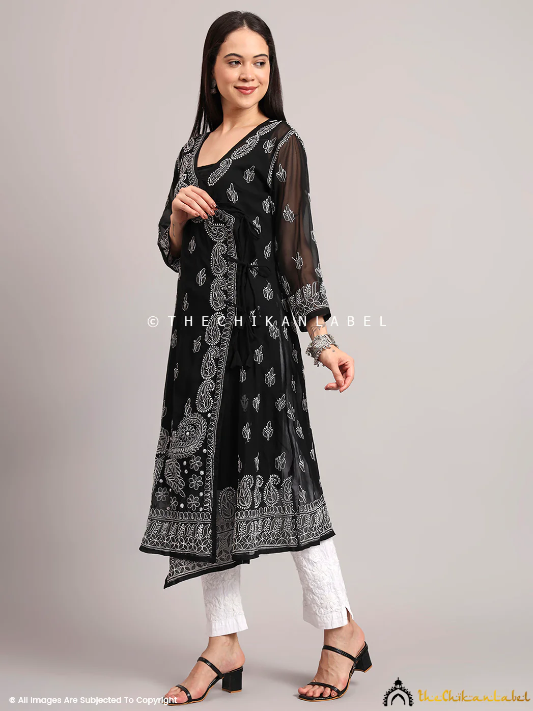 Jaanvi Georgette Chikankari Angrakha - Black - Image 4