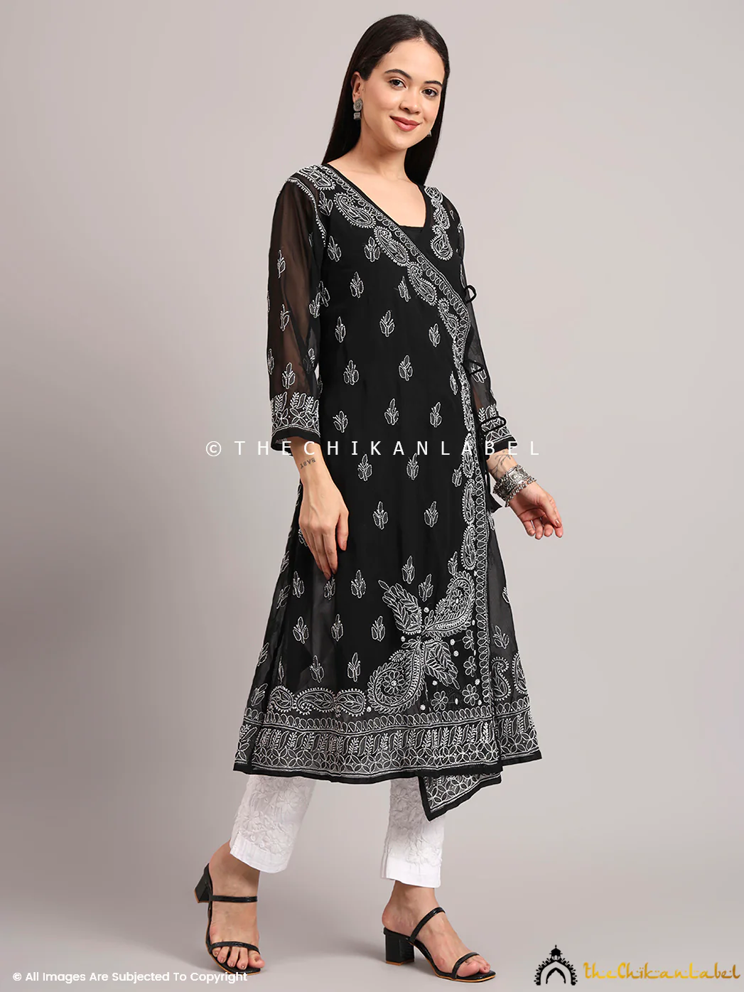 Jaanvi Georgette Chikankari Angrakha - Black - Image 5