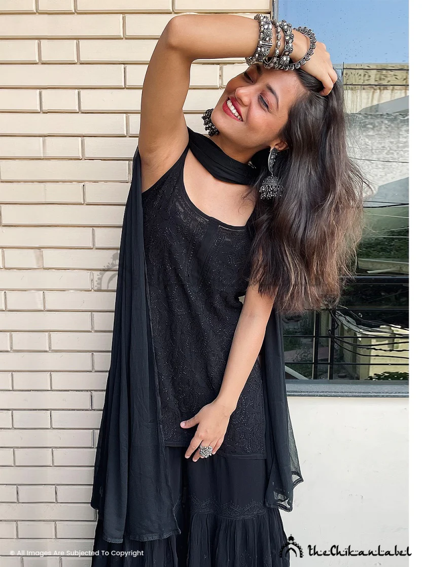 Jia Viscose Chikankari Strappy Kurta Set with Dupatta - Black - Image 3
