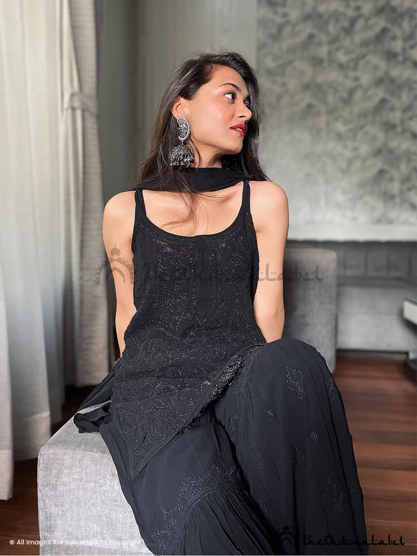 Jia Viscose Chikankari Strappy Kurta Set with Dupatta - Black - Image 4