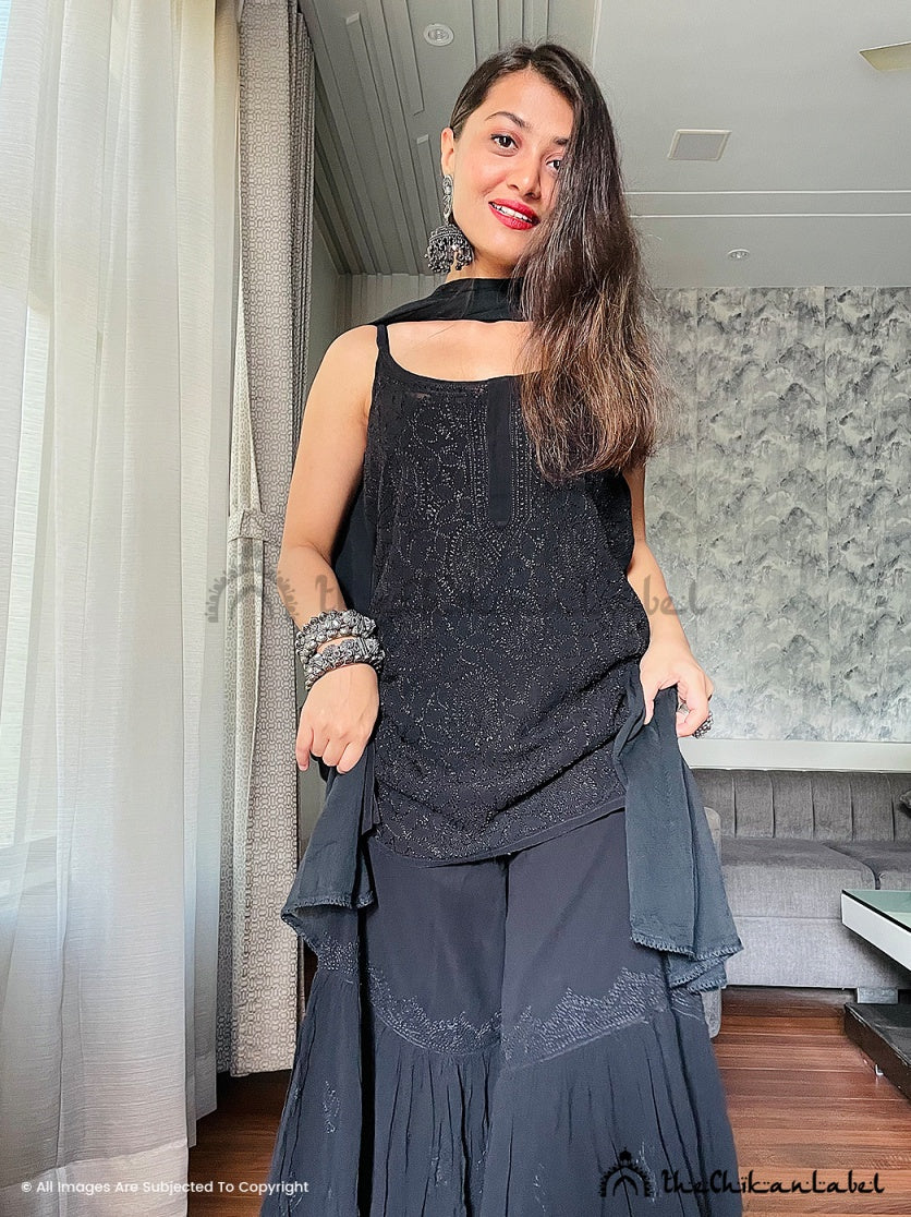 Jia Viscose Chikankari Strappy Kurta Set with Dupatta - Black - Image 5