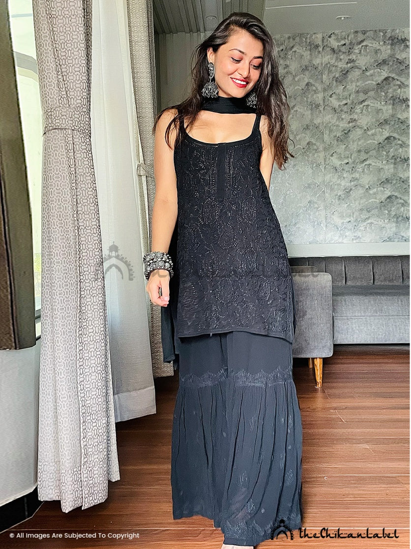 Jia Viscose Chikankari Strappy Kurta Set with Dupatta - Black - Image 6