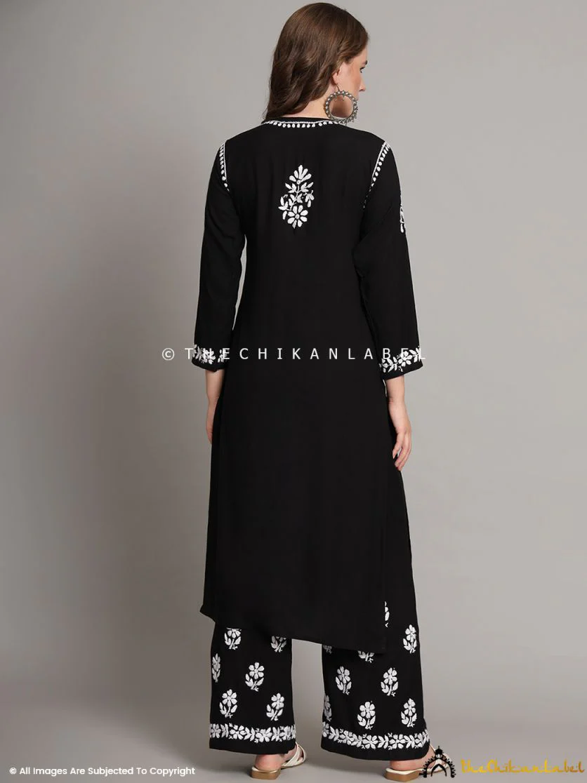 Krisha Rayon Chikankari Kurti Palazzo Set - Black - Image 3