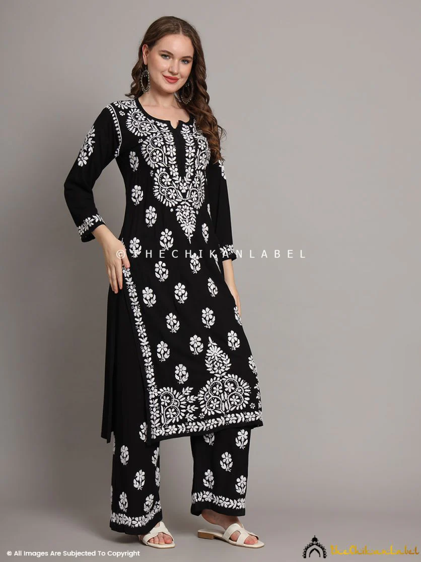 Krisha Rayon Chikankari Kurti Palazzo Set - Black - Image 4