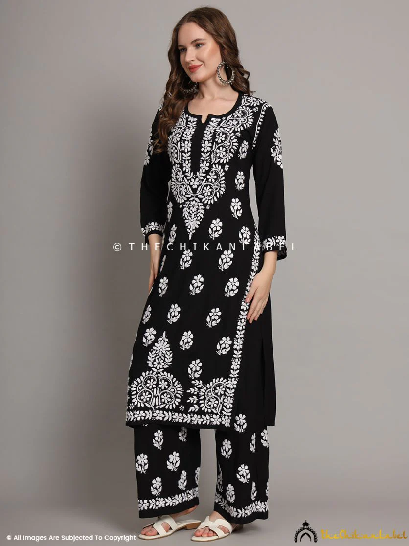 Krisha Rayon Chikankari Kurti Palazzo Set - Black - Image 5