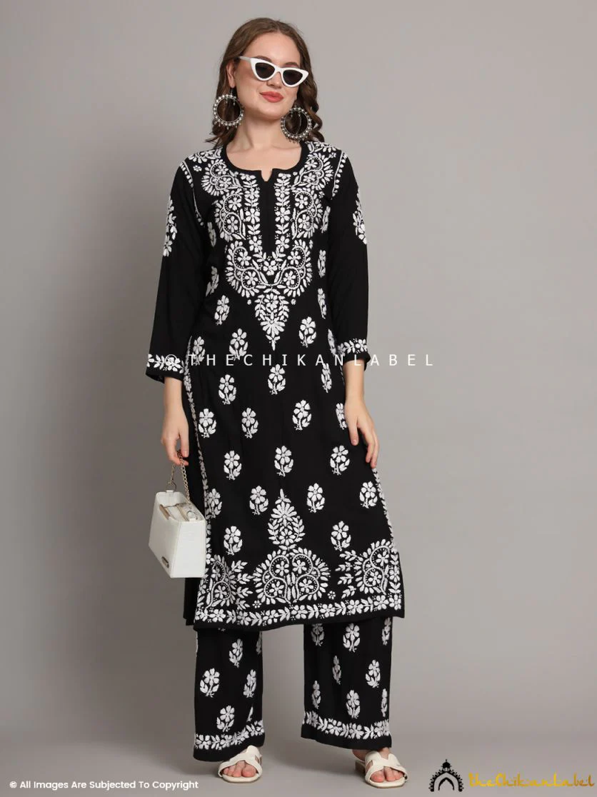 Krisha Rayon Chikankari Kurti Palazzo Set - Black - Image 6