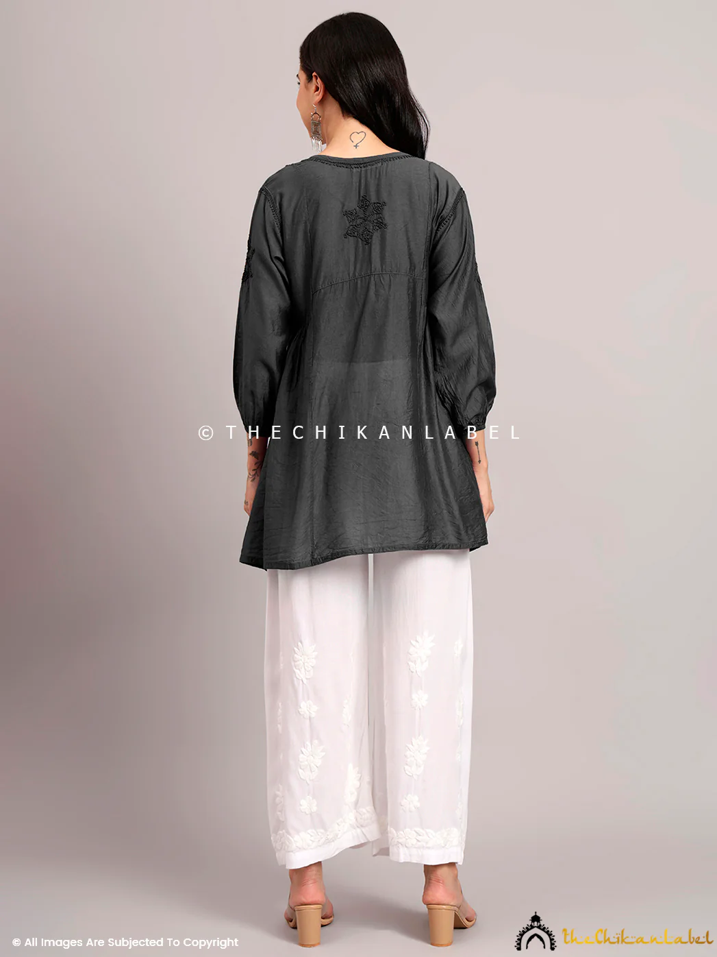 Laksha Chanderi Chikankari Short Top - Black - Image 3