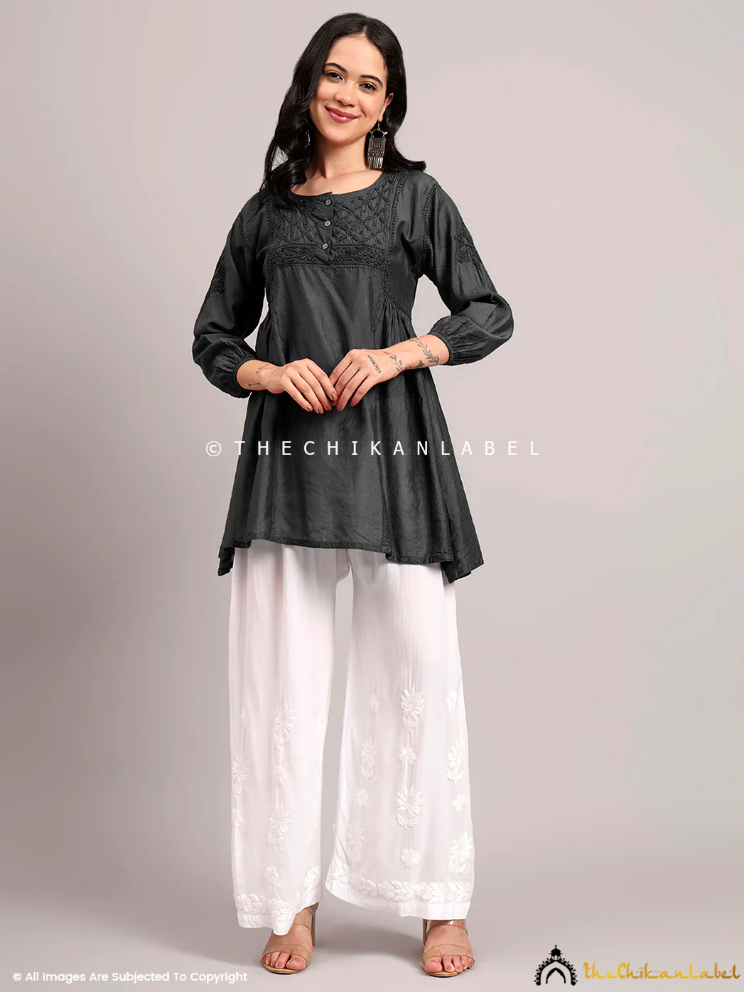Laksha Chanderi Chikankari Short Top - Black - Image 4