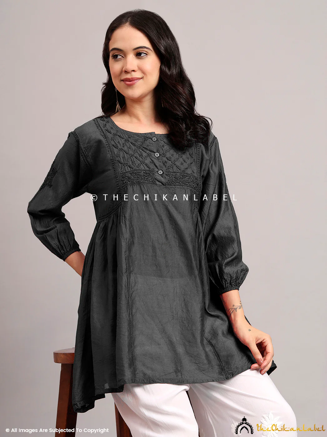 Laksha Chanderi Chikankari Short Top - Black - Image 5