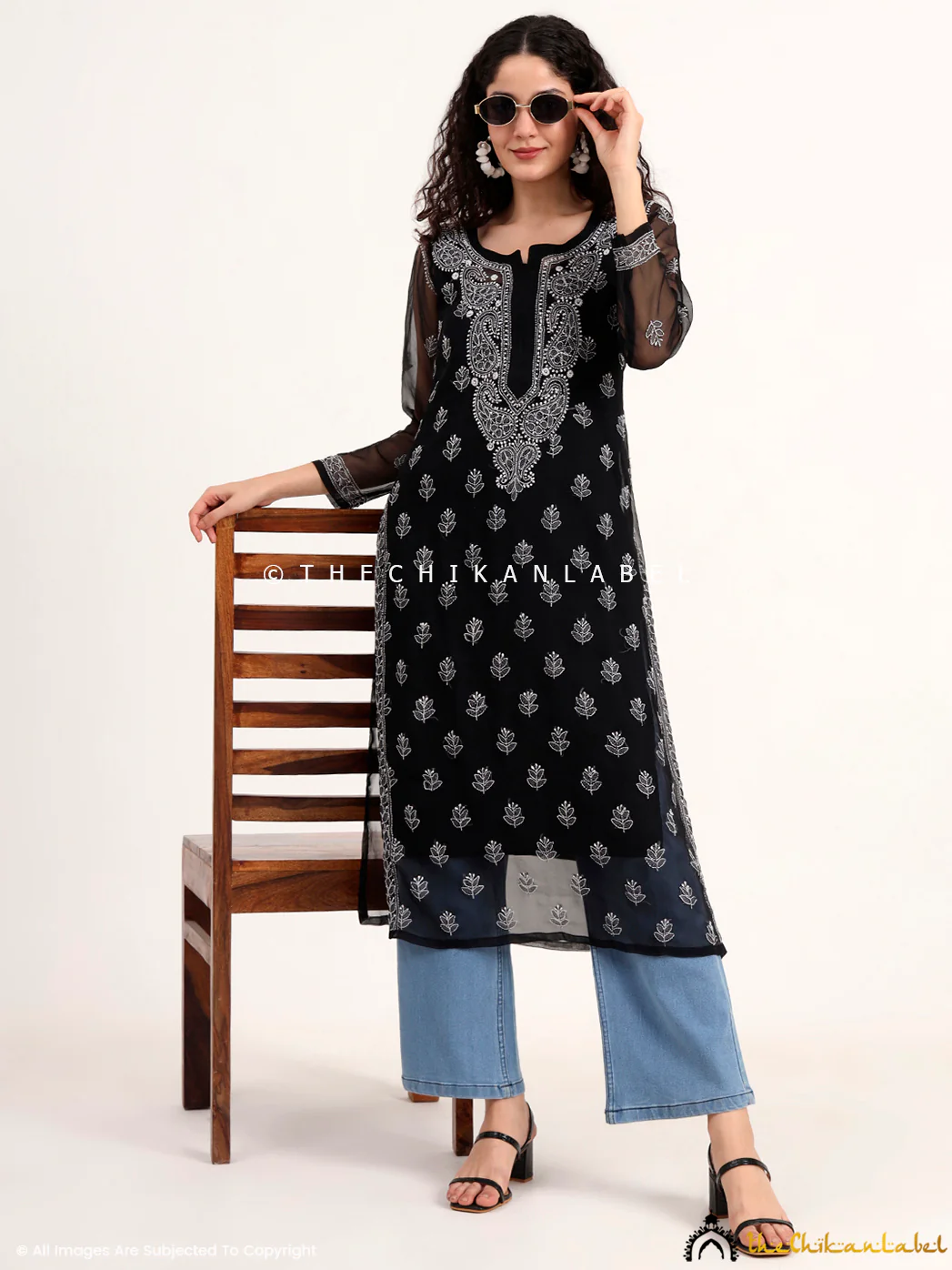Mahak Georgette Chikankari Straight Kurti with Inner - Black - Image 6