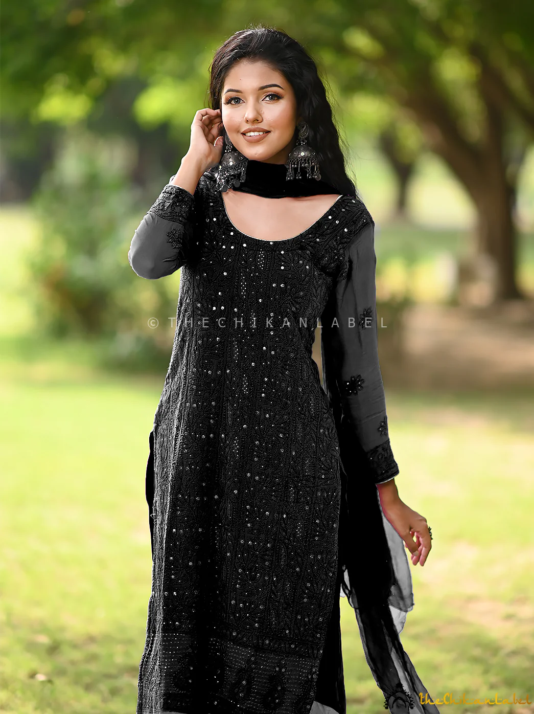 Black Mohini Viscose Chikankari Straight Kurta Set with Dupatta - Image 2