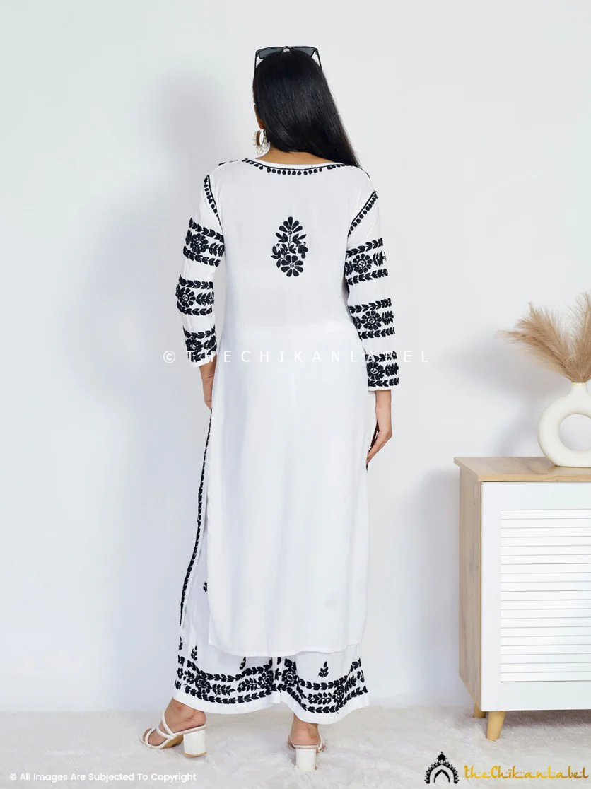Chavvi Rayon Chikankari Kurti Palazzo Set - Black On White - Image 10