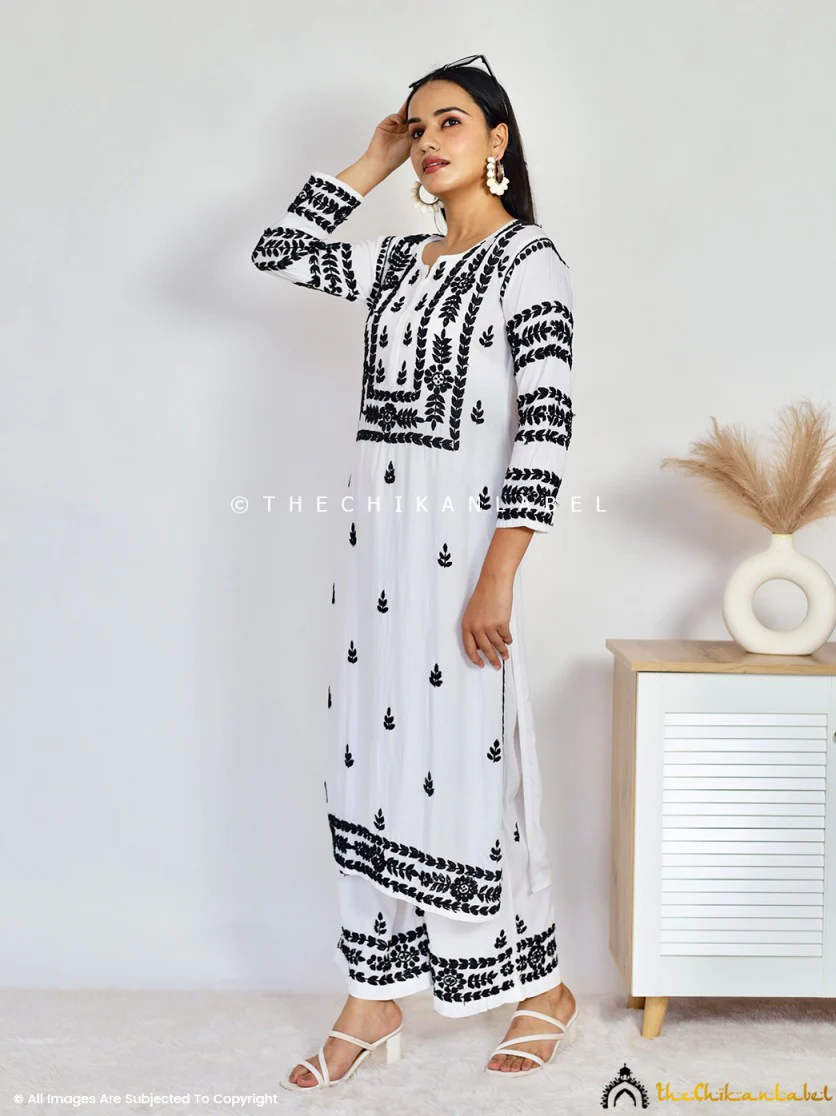 Chavvi Rayon Chikankari Kurti Palazzo Set - Black On White - Image 11