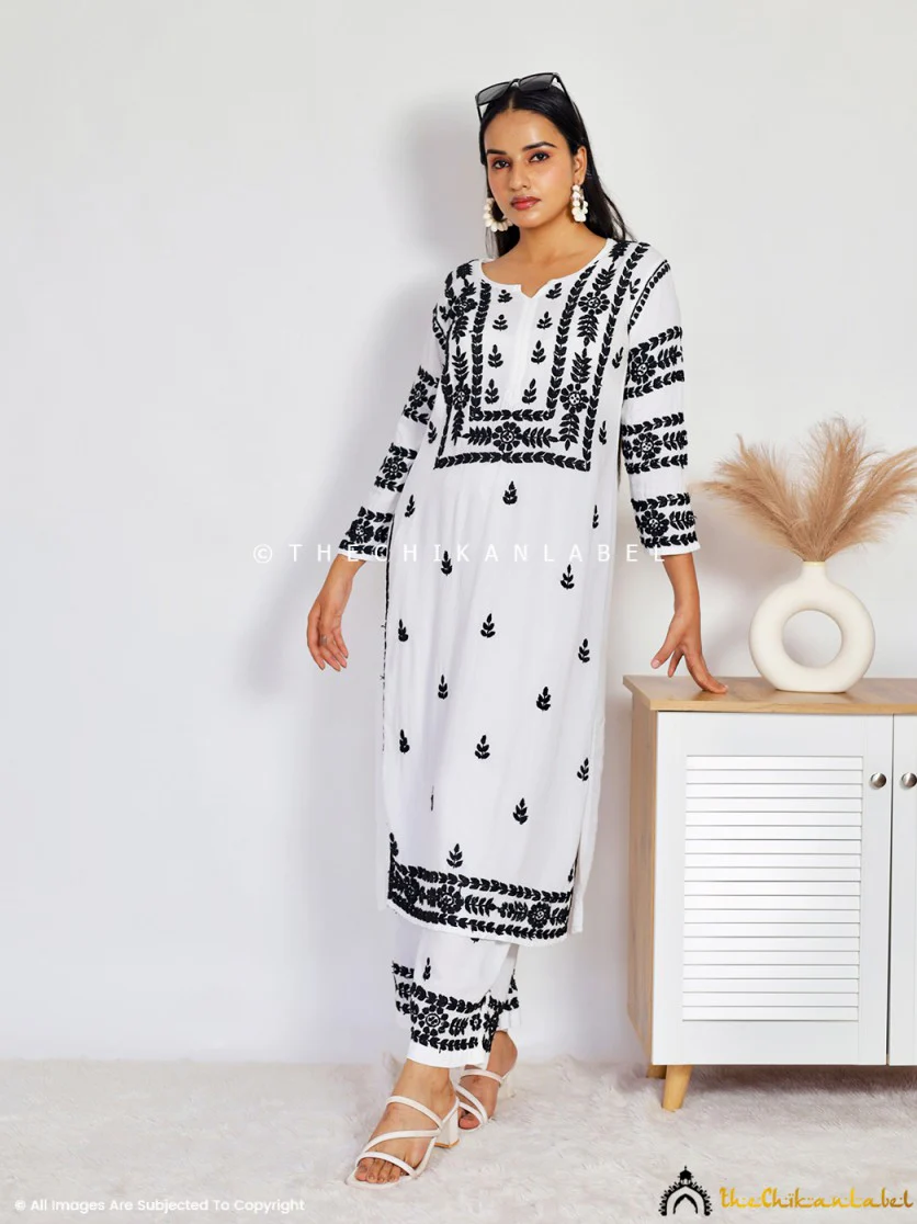 Chavvi Rayon Chikankari Kurti Palazzo Set - Black On White - Image 12