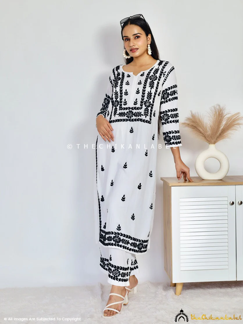 Chavvi Rayon Chikankari Kurti Palazzo Set - Black On White - Image 13