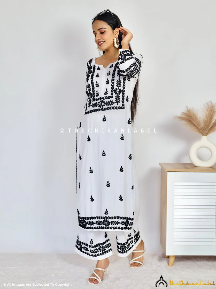 Chavvi Rayon Chikankari Kurti Palazzo Set - Black On White - Image 14