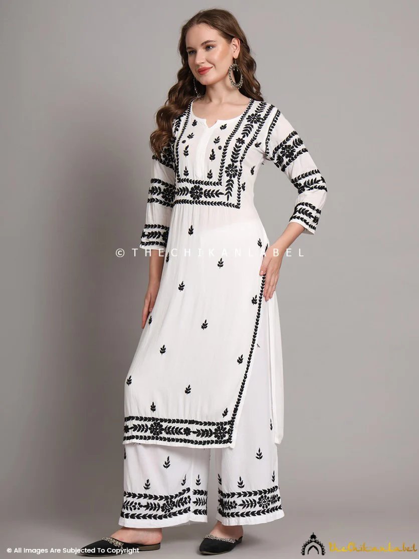 Chavvi Rayon Chikankari Kurti Palazzo Set - Black On White - Image 2